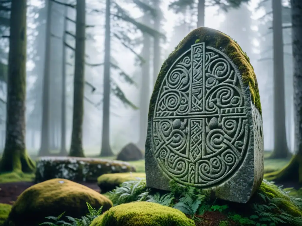 Influencia espiritual de los vikingos: Runa vikinga en la neblinosa selva nórdica, con grabados y símbolos antiguos iluminados por el suave sol