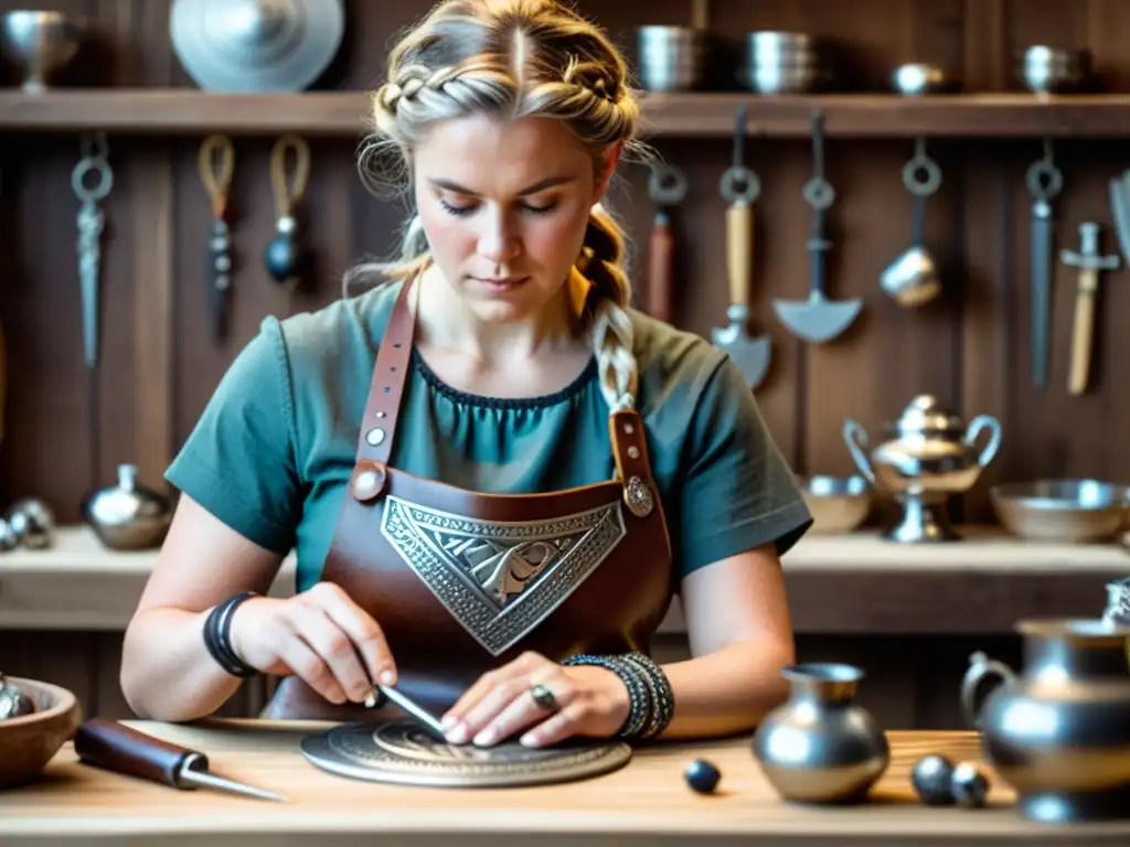 Influencia femenina en joyería vikinga: Detallada escena de una mujer vikinga elaborando un colgante de Valkiria de plata