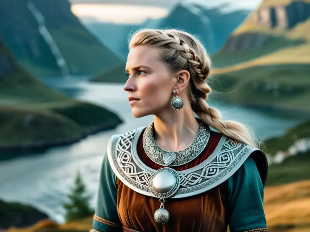 Influencia femenina en joyería vikinga: Detallada imagen de una mujer vikinga con joyas de plata y paisaje nórdico de fondo