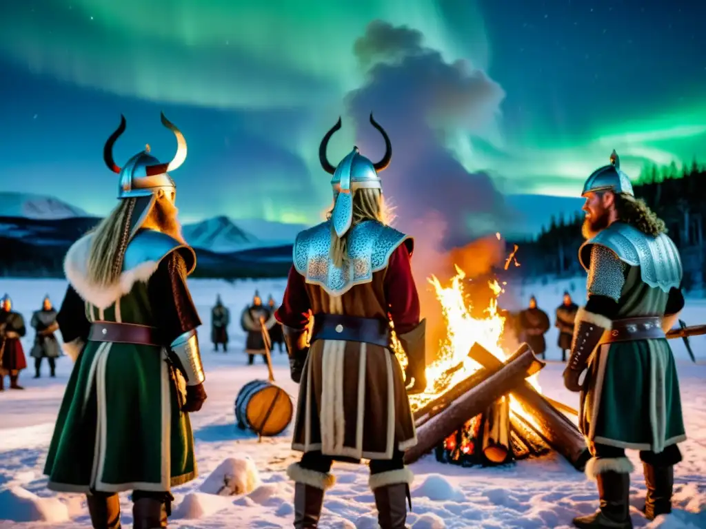 Influencia de los hijos de Odin: Reenactores vikingos en ritual alrededor de una fogata bajo la aurora boreal en un bosque nevado