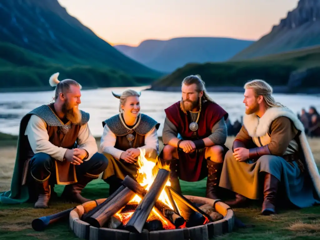 Influencia de los hijos de Odin: Reencarnación vikinga alrededor de la hoguera al anochecer