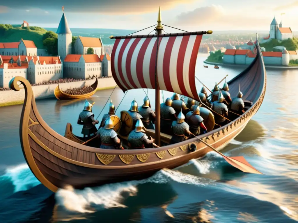 Influencia de incursiones vikingas en la legislación europea: Ilustración detallada de un drakkar navegando hacia una ciudad medieval europea, reflejando el impacto de los vikingos en las leyes europeas