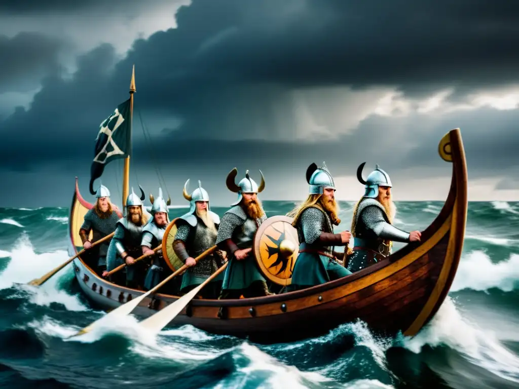 Influencia de las invasiones vikingas: Vikingos valientes surcando mares turbulentos en un drakkar bajo un cielo tormentoso