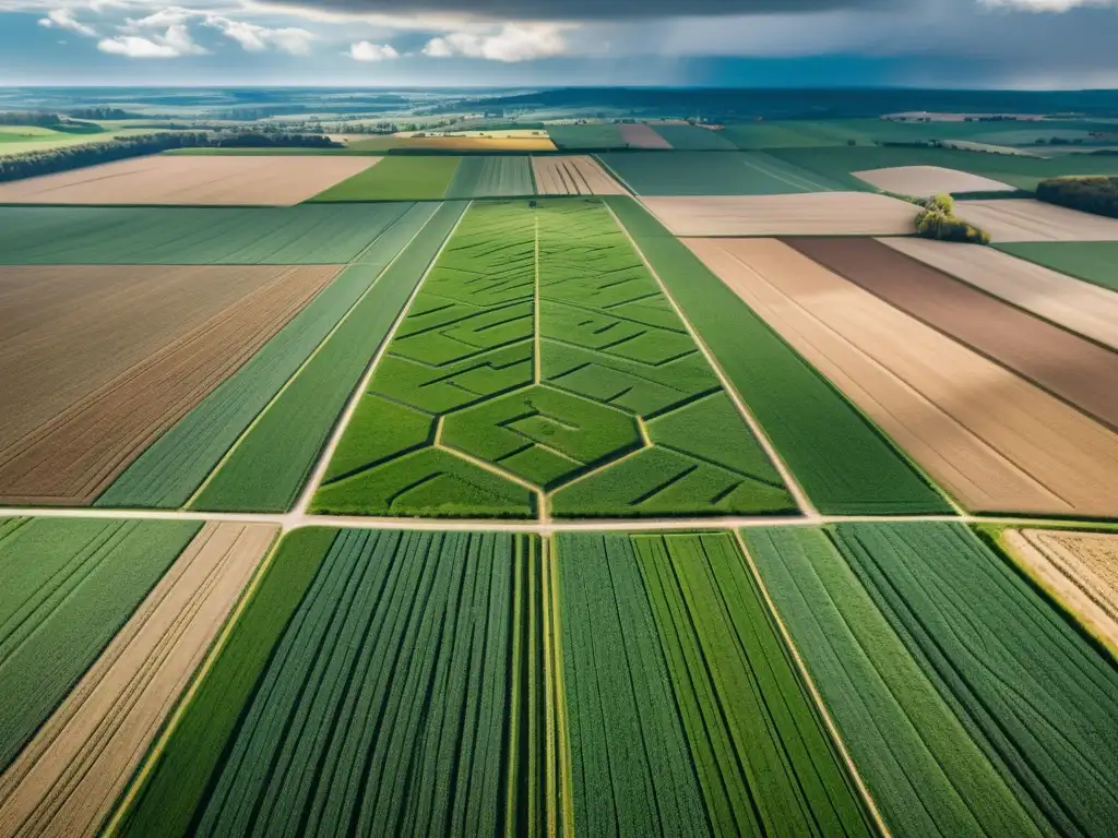 Influencia de la mitología en la agricultura vikinga: un campo agrícola moderno con patrones geométricos y un agricultor vikingo arando con caballos