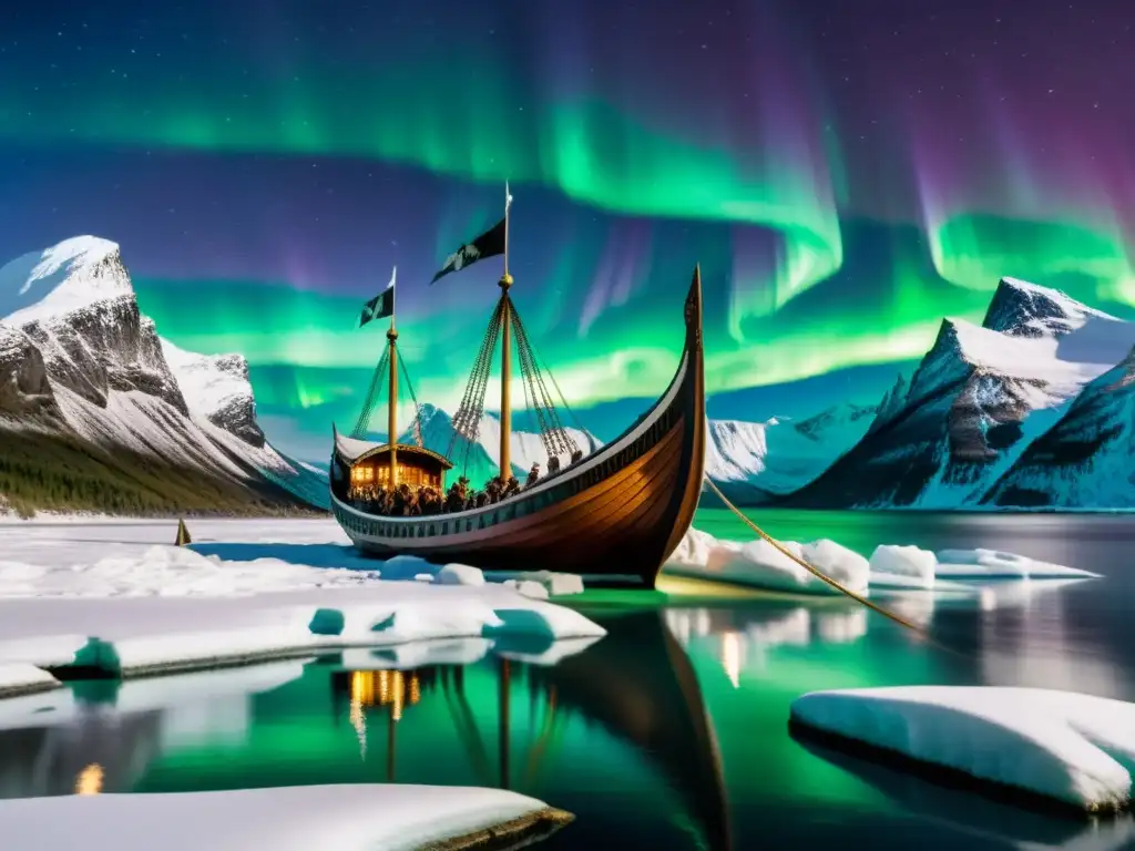 Influencia de la mitología nórdica en la literatura moderna: un barco vikingo surcando aguas heladas bajo la aurora boreal