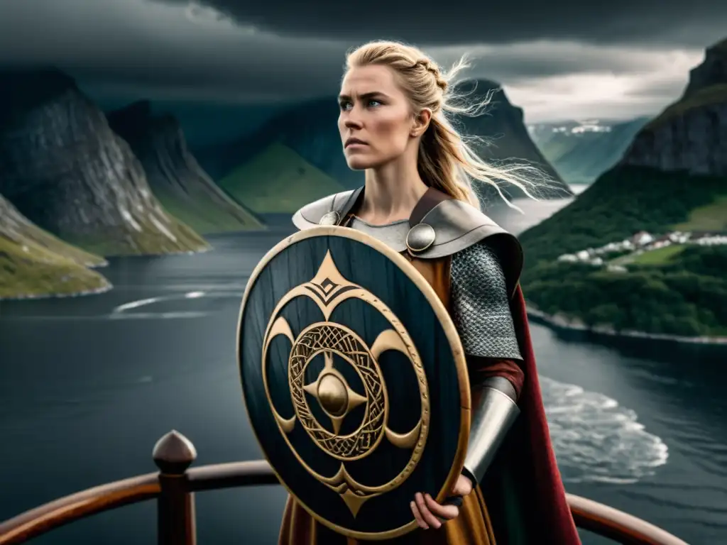 Influencia de las mujeres en la política vikinga: Una guerrera vikinga fuerte y decidida en un barco, con paisaje nórdico de fondo