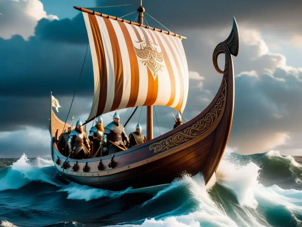 Influencia de la saga vikinga: Vikingo navegando en barco bajo cielo dramático con guerreros a bordo