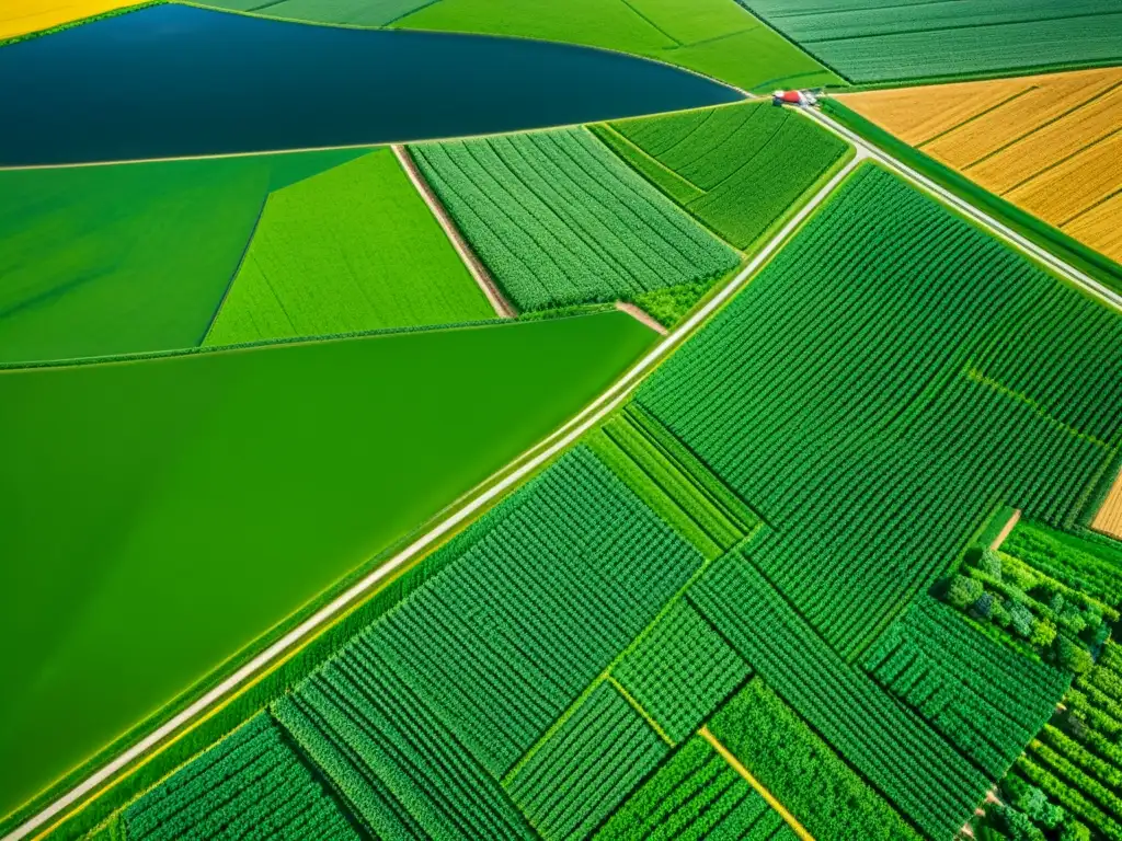 Influencia vikinga en agricultura moderna: Paisaje agrícola con campos verdes y patrones geométricos de cultivos, velas de barco vikingo integradas