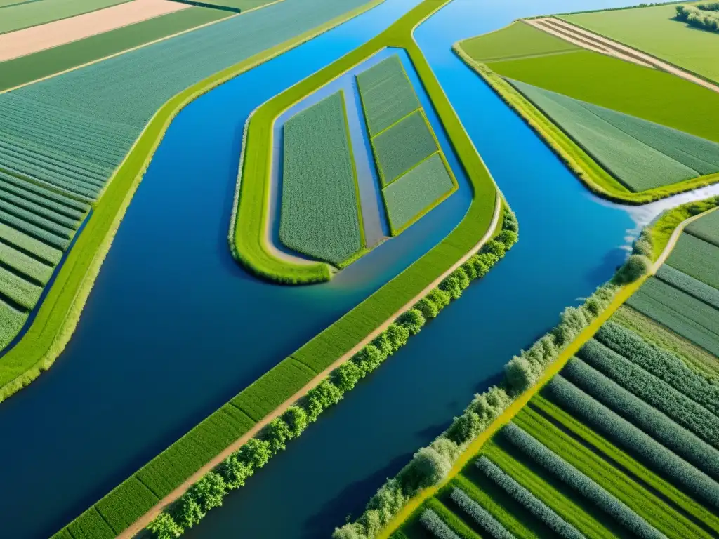 Influencia vikinga en agricultura moderna: Campo agrícola moderno con sistemas de riego vikingos, cultivos verdes y cielo azul