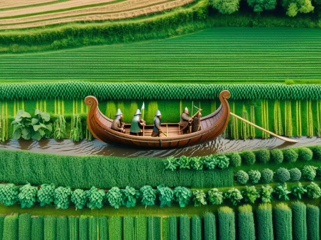 Influencia vikinga en agricultura moderna: Un drakkar vikingo navega entre campos verdes cultivados por agricultores vikingos