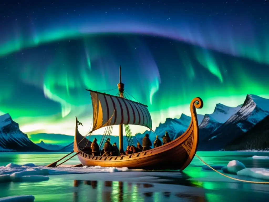 Influencia vikinga en Skyrim: un barco vikingo navega entre luces del norte y montañas, evocando misterio y aventura