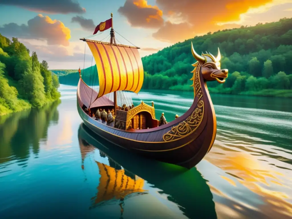 Influencia vikinga en Rusia: Barco vikingo tallado navegando por majestuosos ríos rusos al atardecer, guerreros en cubierta