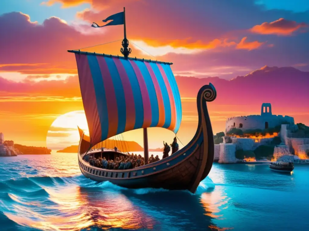 Influencia vikinga en la cultura mediterránea: Un barco vikingo navega entre ruinas antiguas al atardecer