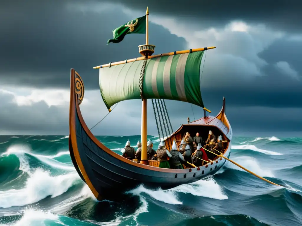 Influencia vikinga en cultura irlandesa: Vikingos navegando hacia costas verdes de Irlanda en un drakkar bajo tormenta