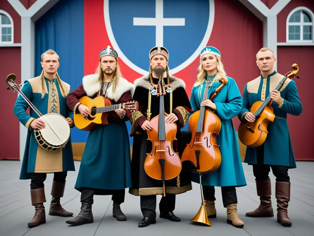 Influencia vikinga en cultura rusa: Músicos rusos interpretando música eslava con prendas vikingas, fusionando tradiciones en entorno urbano moderno