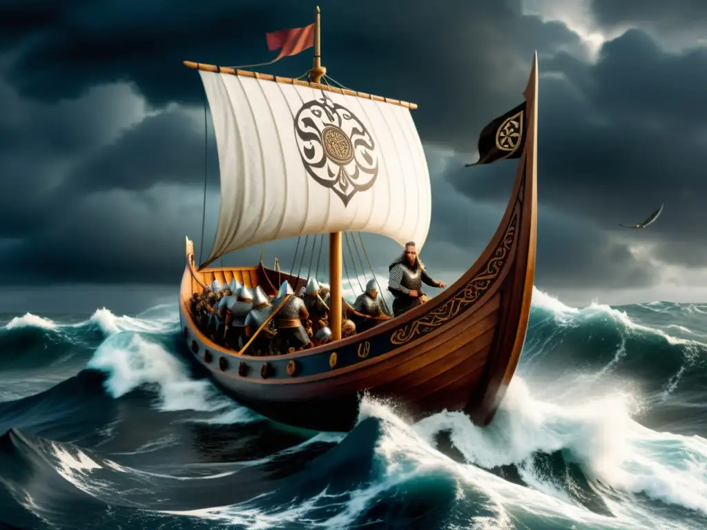 Influencia vikinga en iconografía medieval: Barco vikingo surcando mares tormentosos con guerreros nórdicos en cubierta