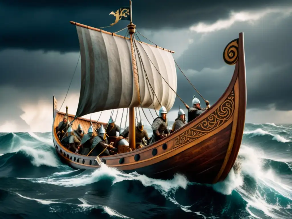 Influencia vikinga en iconografía medieval: Vikingos navegando en barco en tormenta con guerreros y relieves de batallas en el casco