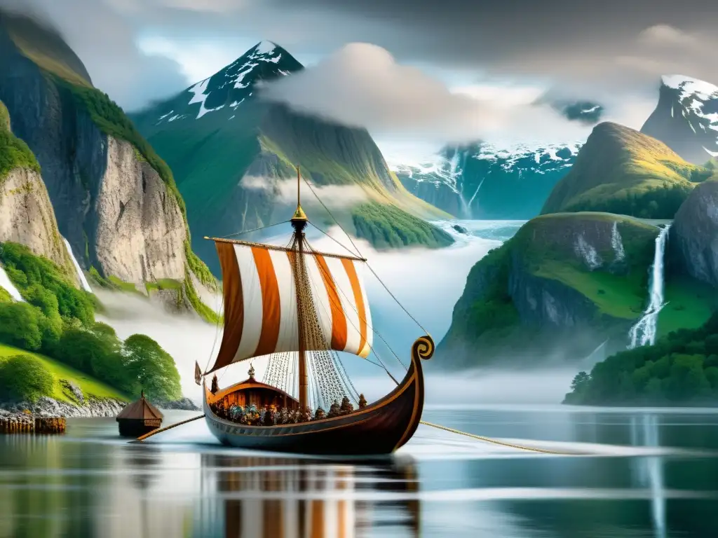 Influencia vikinga en paisajes sonoros: Longship vikingo surcando un fiordo neblinoso con montañas nevadas al fondo y cielo dramático