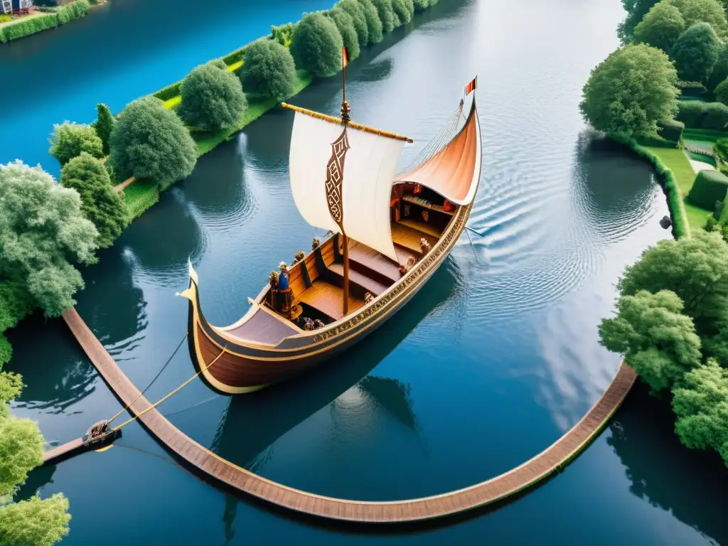 Influencia vikinga en Países Bajos: Barco vikingo navega por canales holandeses entre exuberante vegetación y arquitectura pintoresca