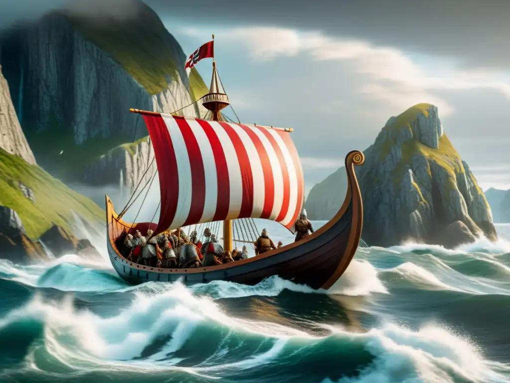 Influencia vikinga en la sociedad: Un drakkar vikingo navega en aguas turbulentas, guerreros con escudos y velas rojas y blancas