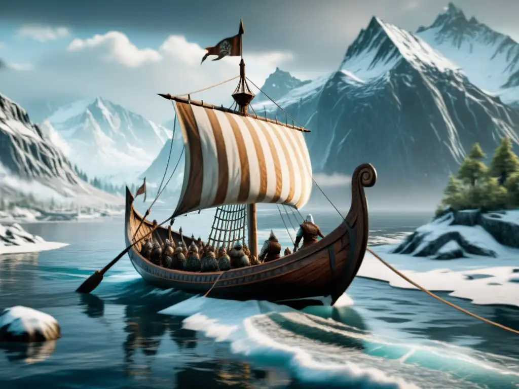 Influencia vikinga en Skyrim: Vikingos navegando en un barco detallado entre aguas heladas y guerreros nórdicos en cubierta