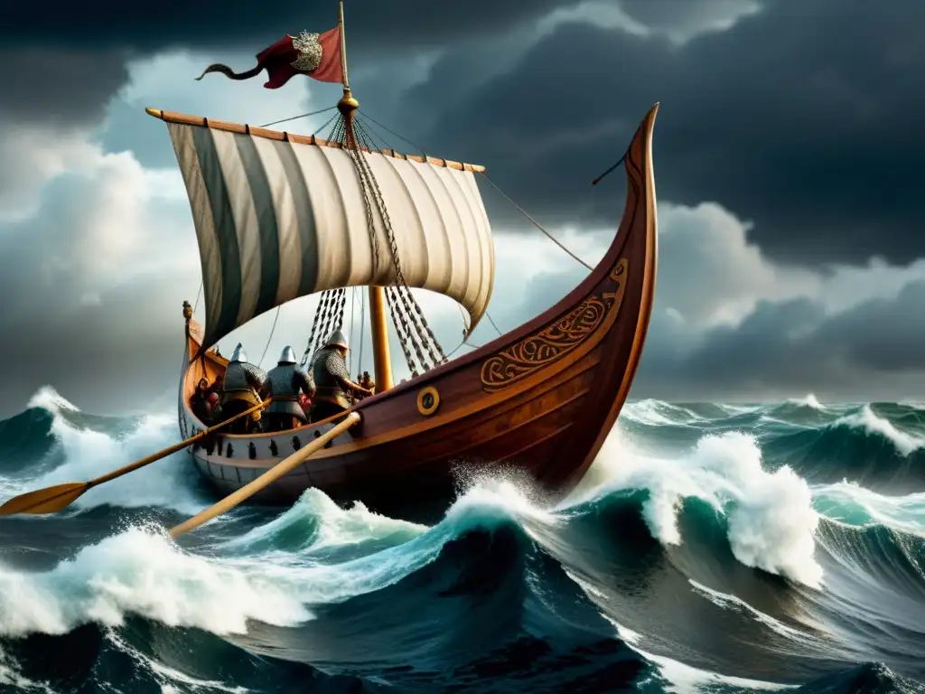 Innovaciones técnicas en construcción naval vikinga: Vikingo navegando en tormenta con barco y oarsmen