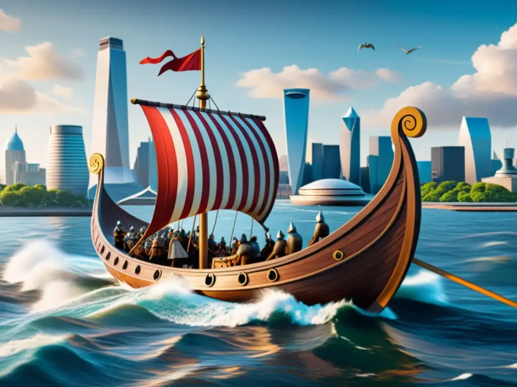 Innovaciones tecnológicas en la era vikinga: Un barco vikingo detallado navega en aguas modernas con una ciudad de fondo