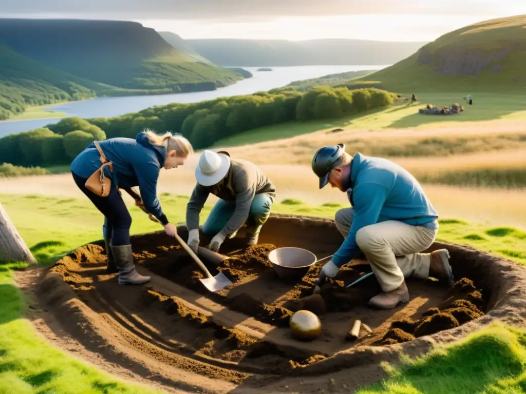 Innovadores métodos arqueología Vikinga: equipo de arqueólogos excavando un sitio funerario vikingo, rodeados de paisaje nórdico