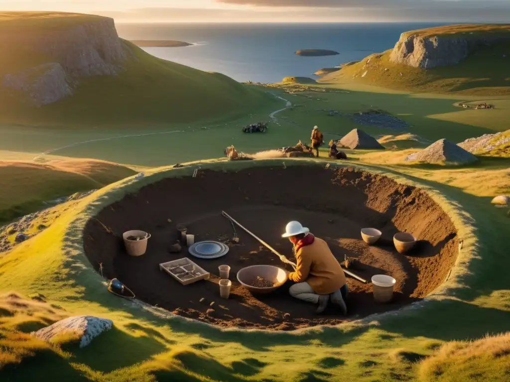 Innovadores métodos arqueología Vikinga: equipo de arqueólogos desenterrando tesoros vikingos en paisaje nórdico al atardecer