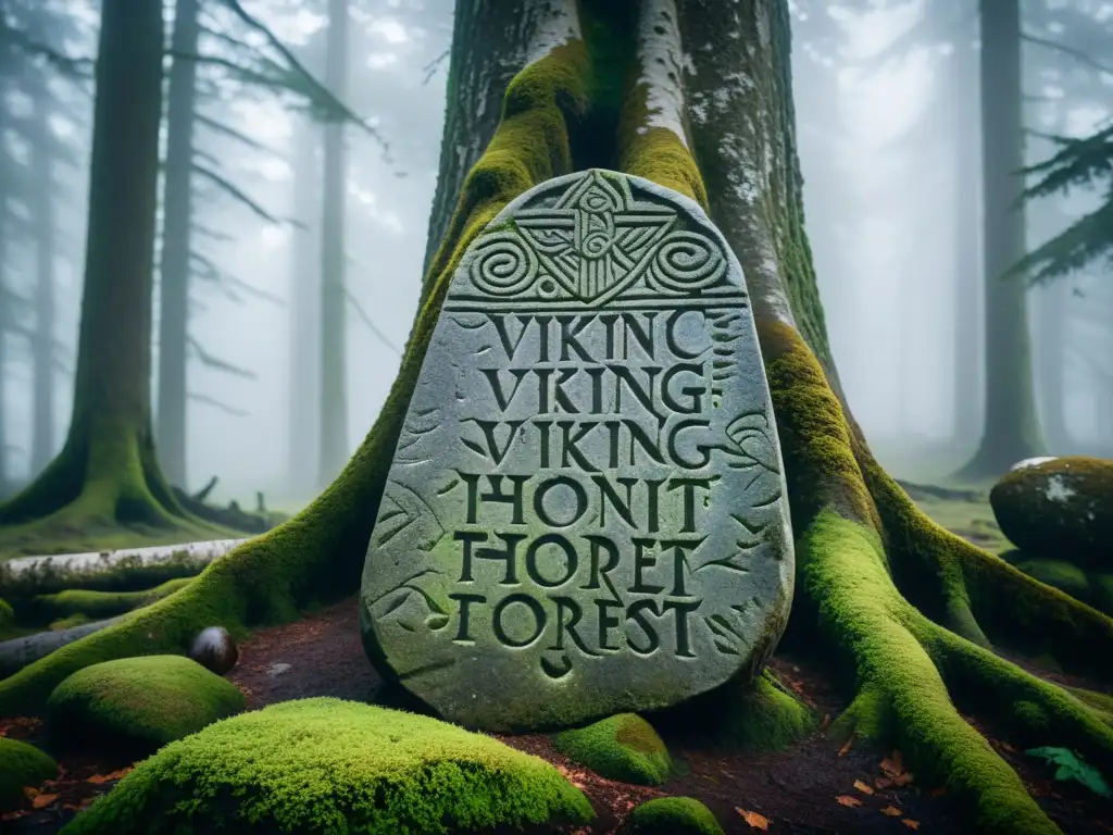 Descifrando inscripciones antiguas vikingas en misterioso bosque neblinoso