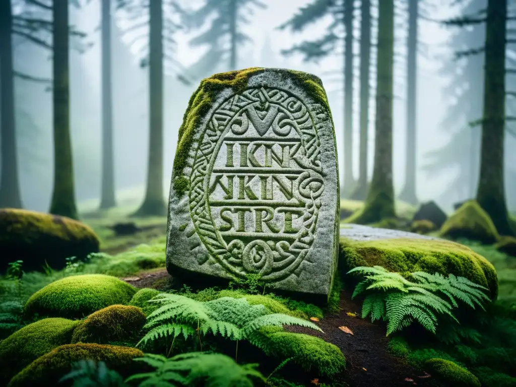 Inscripciones reales era vikinga: Detalle de una runa vikinga en un bosque escandinavo neblinoso, cubierta de musgo y misterio