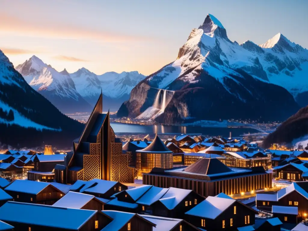 Inspiración vikinga en arquitectura contemporánea: Ciudad moderna entre montañas nevadas al anochecer