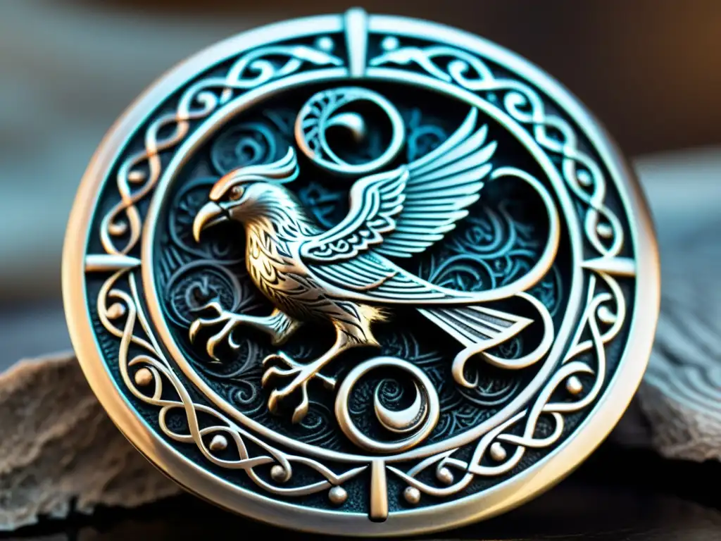 Inspirada en la mitología vikinga, broche detallado con diseño de Odin y sus cuervos, reflejando sabiduría y conexión espiritual