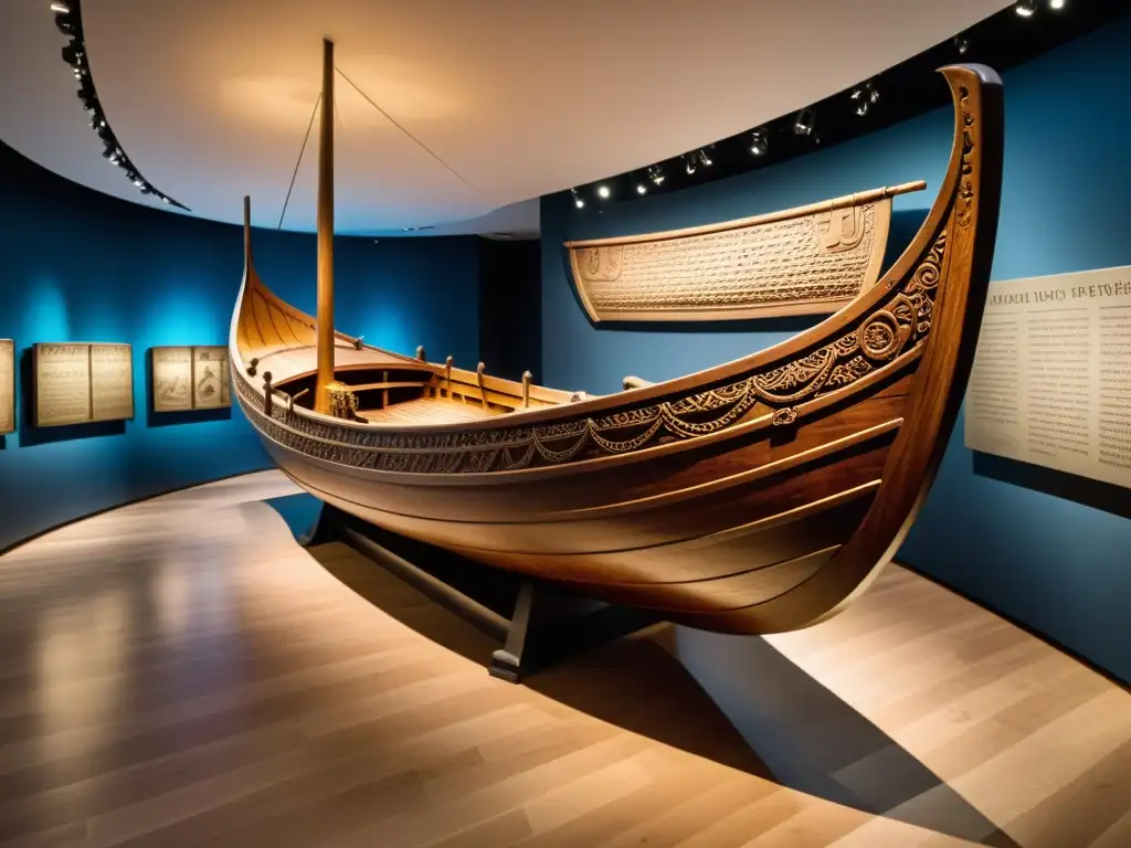 Inspirador barco vikingo en museo: tallados de Odin, Thor y Freyja, rodeado de artefactos