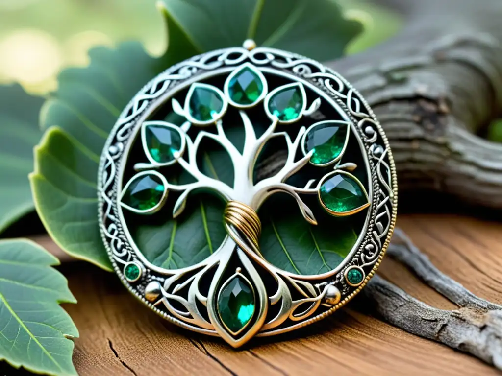 Broche vikingo de roble con detalles de esmeralda Inspirador broche vikingo en forma de roble, con detalles en esmeraldas simulando hojas