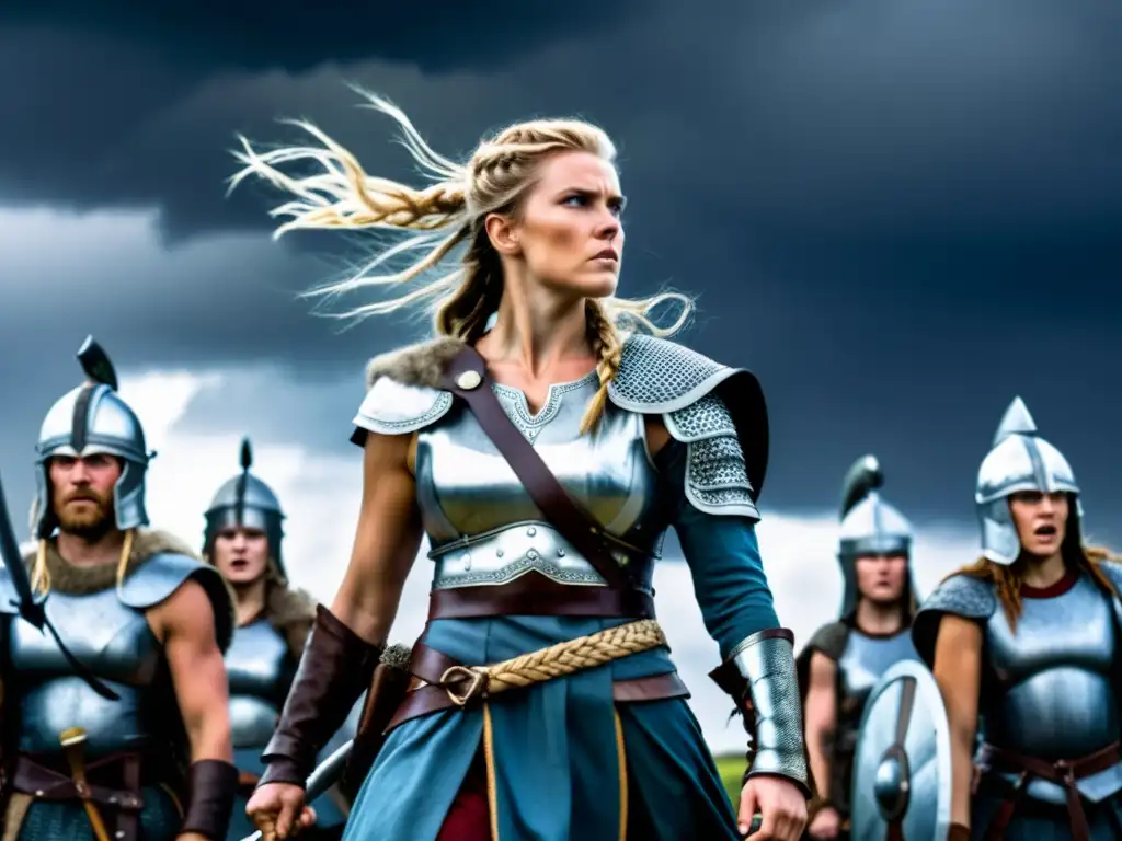 Valiente guerrera vikinga lidera batalla bajo relámpagos Inspiradora escena de Mujeres vikingas liderando a guerreros en batalla bajo un cielo tormentoso