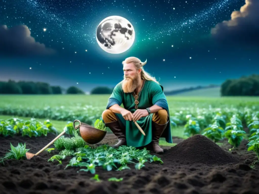 Inspiradora imagen de un agricultor vikingo sembrando bajo un cielo estrellado