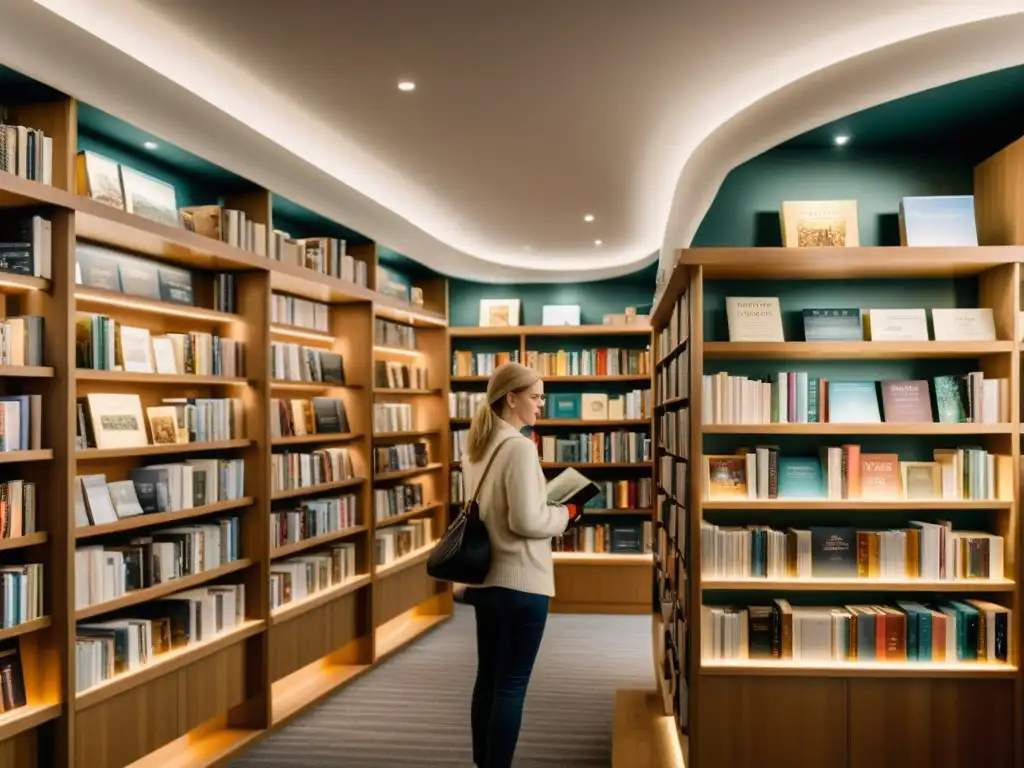 Inspiradora librería moderna con sección de mitología nórdica y ambiente acogedor