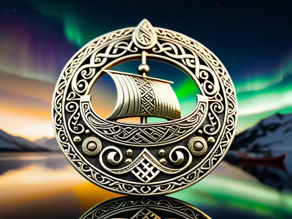 Inspiradora joyería vikinga: broche detallado con motivos nórdicos, en barco vikingo bajo la aurora boreal