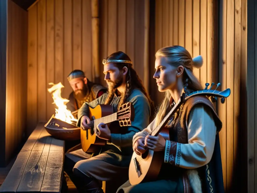 Intensa actuación de músicos vikingos contemporáneos con instrumentos tradicionales en ambiente de longhouse con antorchas