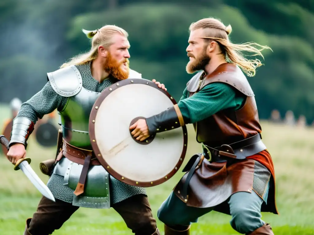 Una intensa batalla vikinga en un prado verde