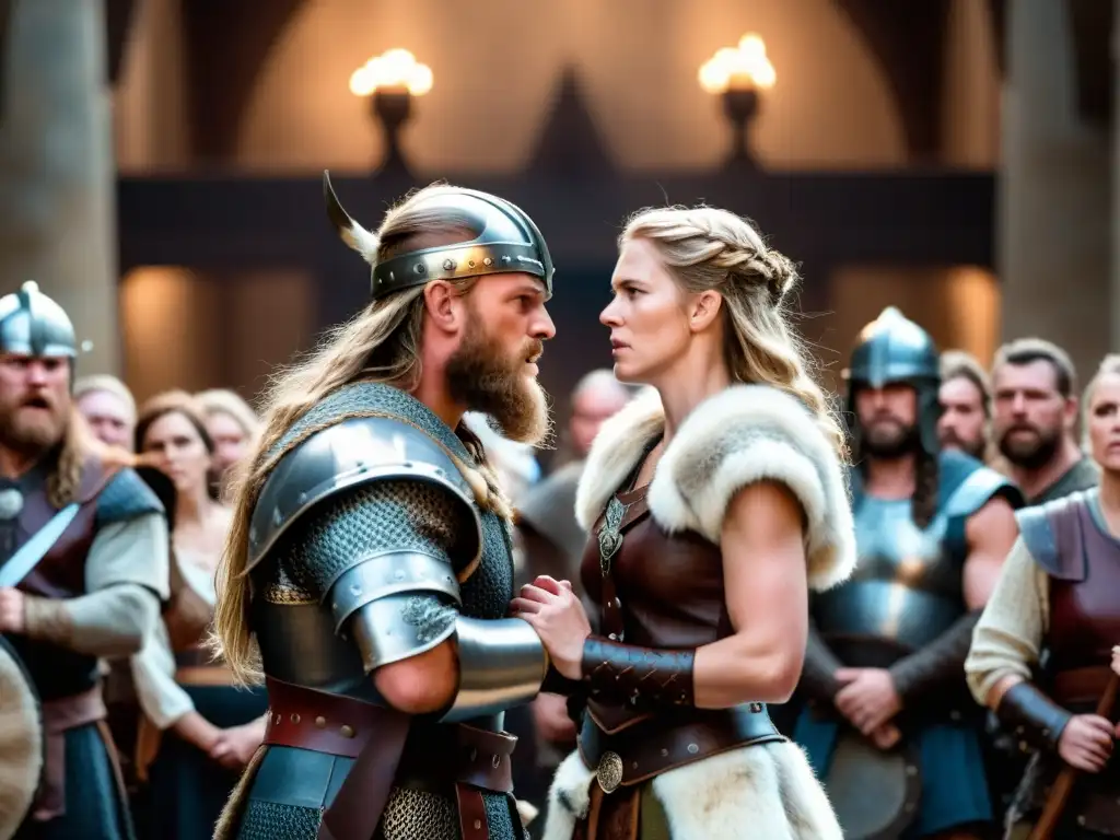 Una intensa disputa marital vikinga en un gran salón, con guerreros y una shieldmaiden