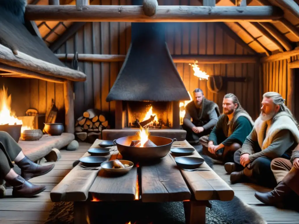 Intensa escena en un hogar vikingo con un gran fuego de piedra y un jabalí asándose