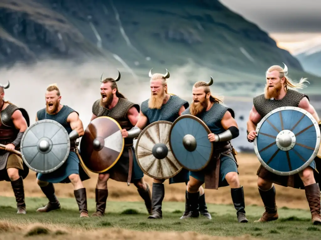 Intensivo entrenamiento resistencia vikingo en batalla, guerreros formando muro de escudos