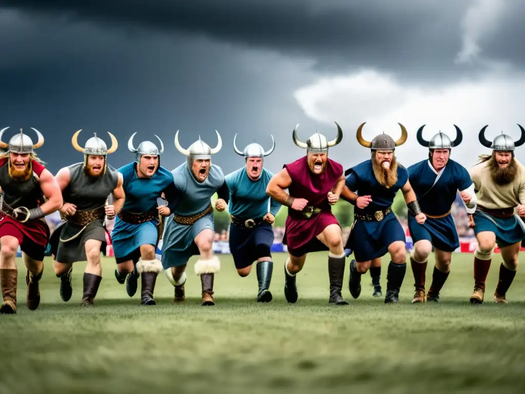 Un intenso evento deportivo inspirado en competiciones vikingas: atletas modernos en tugofwar con vestimenta vikinga, bajo nubes de tormenta