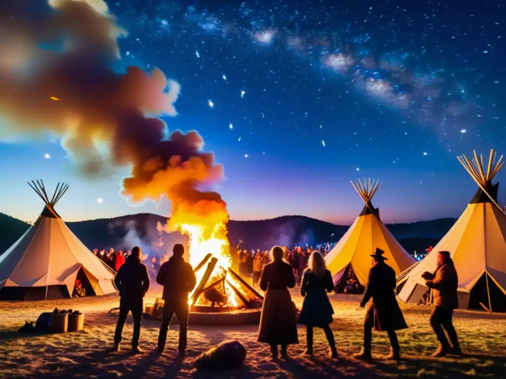 Intenso festival de fuego vikingo global: gran hoguera, gente bailando y ambiente festivo bajo un cielo estrellado