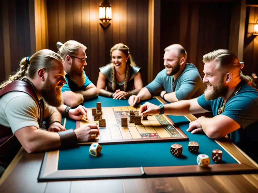 Épica partida de juego de mesa vikingo en ambiente auténtico Un intenso juego de mesa vikingo moderno en una ambientación épica y detallada