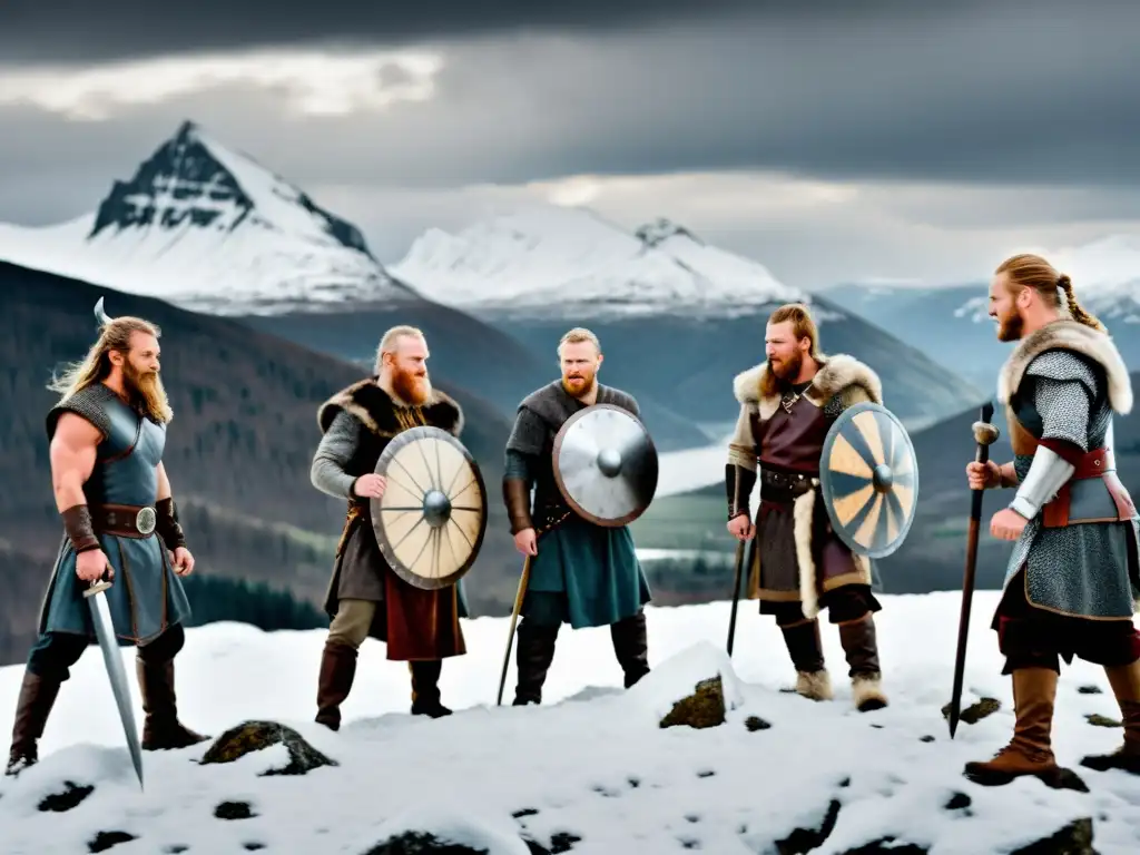 Intensos guerreros vikingos realizan entrenamiento físico estilo vikingo en la cima nevada