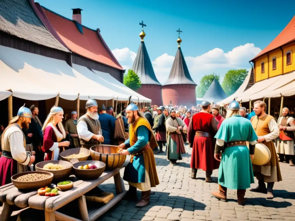 Intercambio cultural entre vikingos y eslavos en Novgorod, reflejando la fusión de culturas