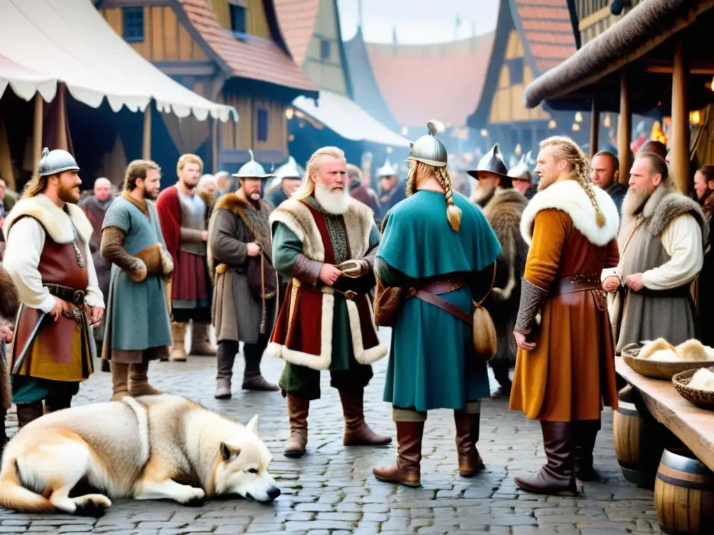 Intercambio de pieles y moda vikinga en bullicioso mercado medieval en Europa